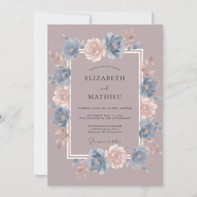 Invitación Boda Caprichosa Flor Azul Polvorienta (Anverso)