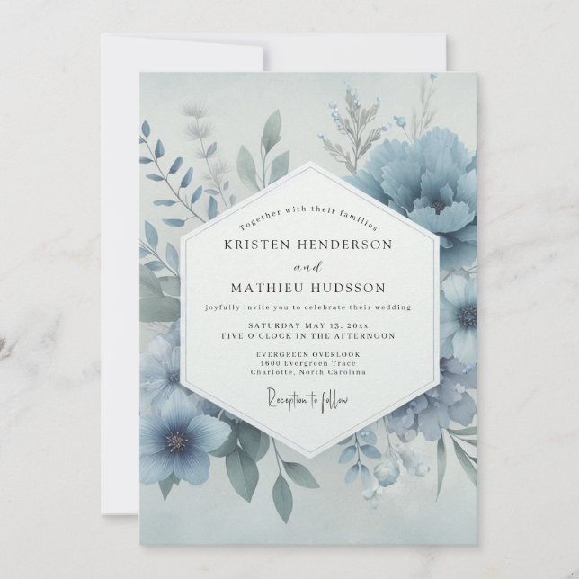 Invitación Boda Caprichosa Flor de Azul Polvoriento (Anverso)