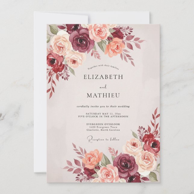Invitación Boda Caprichosa Flor de Borgoña (Anverso)