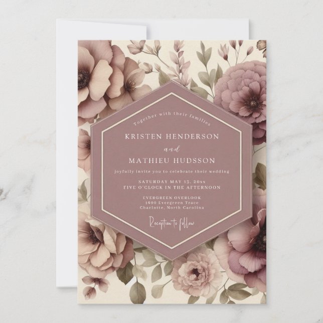 Invitación Boda Caprichosa Flor de Rosa Polvorienta (Anverso)