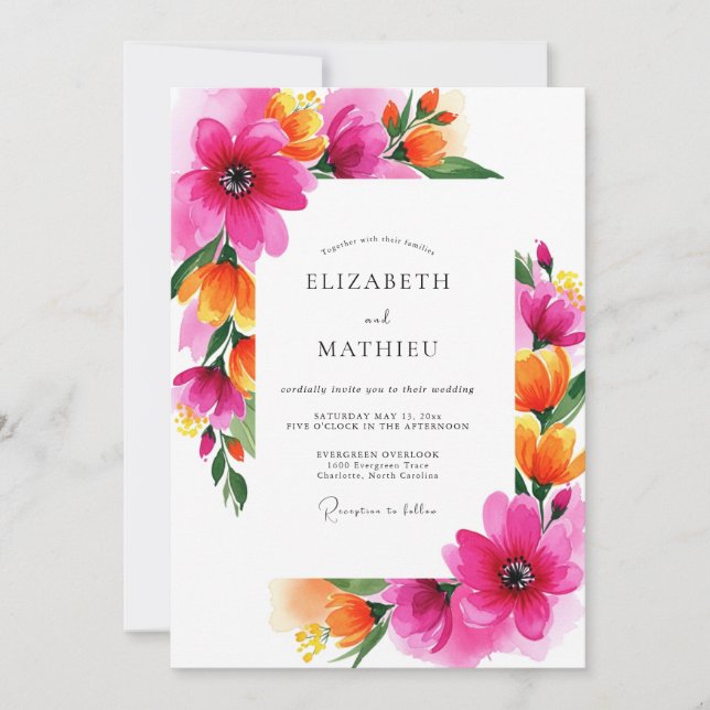 Invitación Boda Caprichosa Flor Magenta (Anverso)