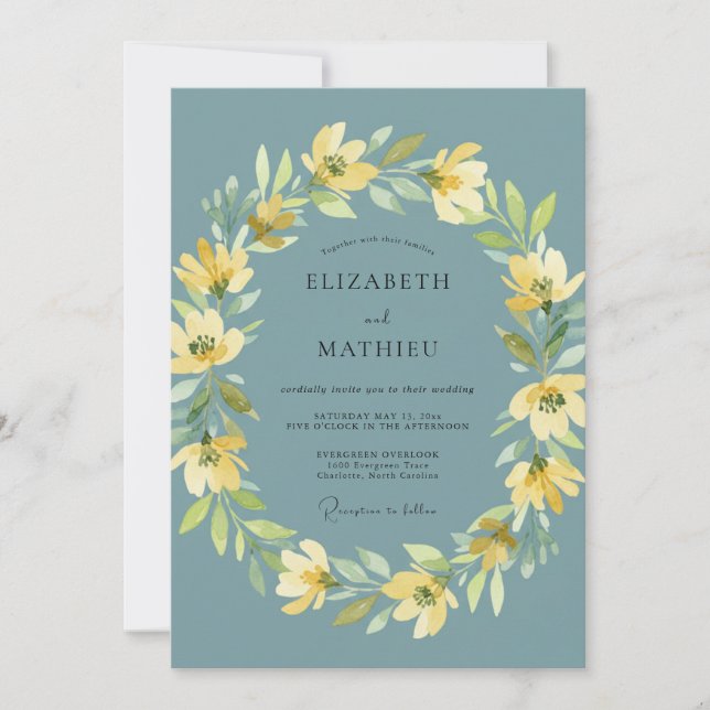 Invitación Boda Caprichosa Flor Teal Amarillo (Anverso)