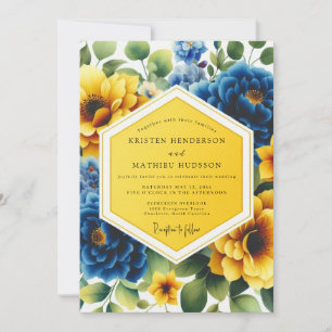 Invitación Boda caprichosa floral azul amarilla