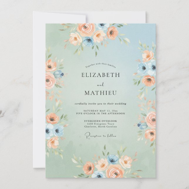 Invitación Boda caprichosa floral azul melocotón (Anverso)