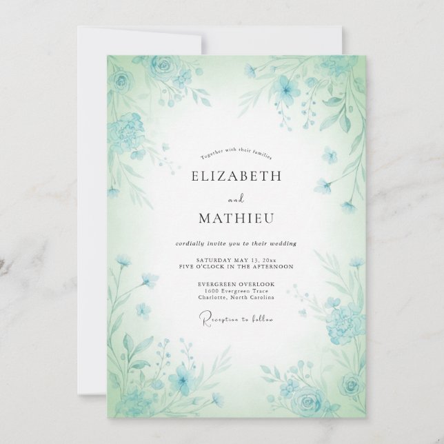 Invitación Boda Caprichosa Floral Azul Menta (Anverso)