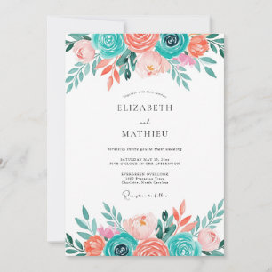 Invitación Boda caprichosa floral coral teal