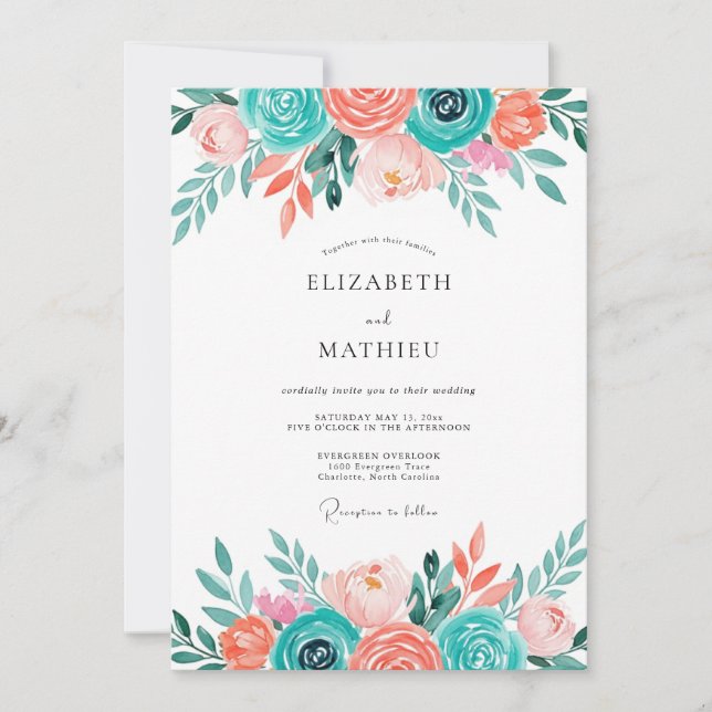 Invitación Boda caprichosa floral coral teal (Anverso)