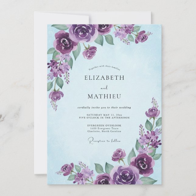 Invitación Boda caprichosa floral de amatista (Anverso)