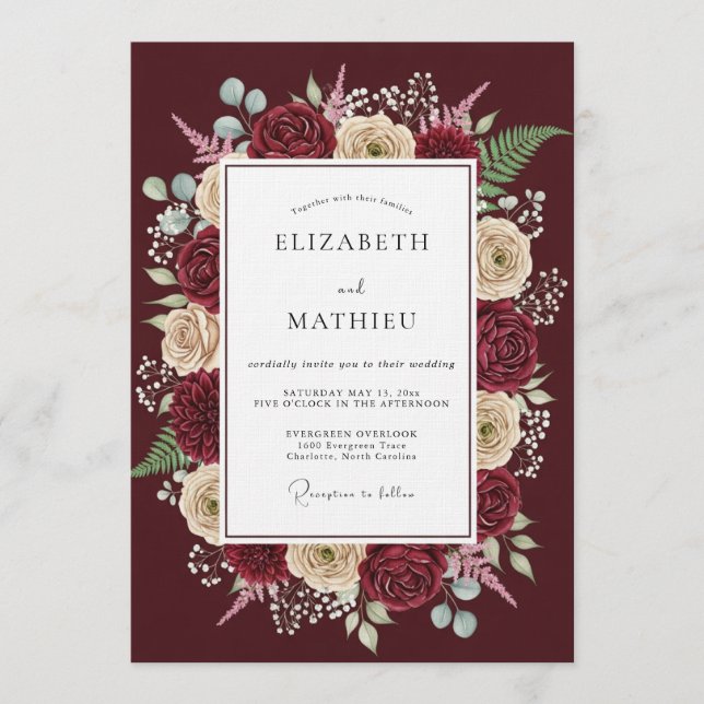 Invitación Boda Caprichosa Floral de Borgoña (Anverso)