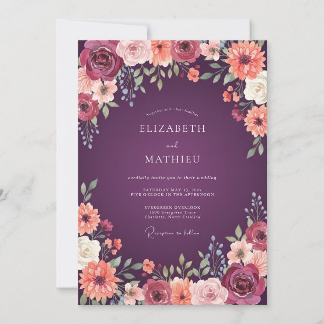 Invitación Boda caprichosa floral de ciruela (Anverso)