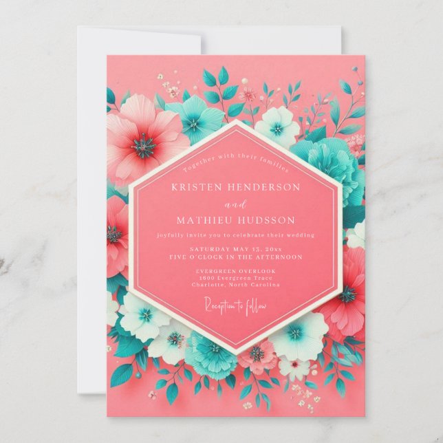 Invitación Boda Caprichosa Floral de Coral (Anverso)