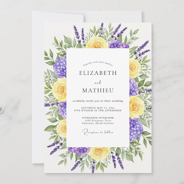 Invitación Boda caprichosa floral de lavanda y amarillo (Anverso)