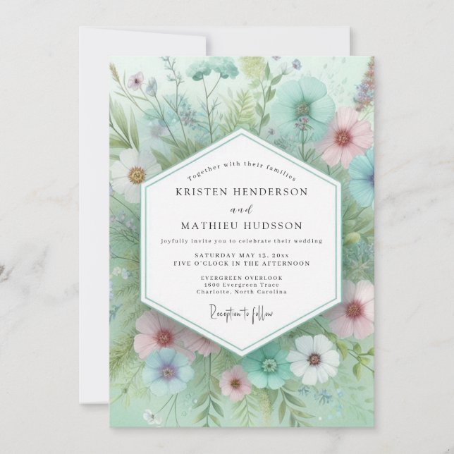 Invitación Boda caprichosa floral de menta (Anverso)