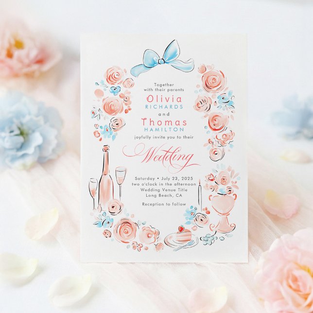 Invitación Boda caprichosa floral francesa dibujada a mano (Dusty Blue and Pink Floral Whimsical Wedding Invitation)
