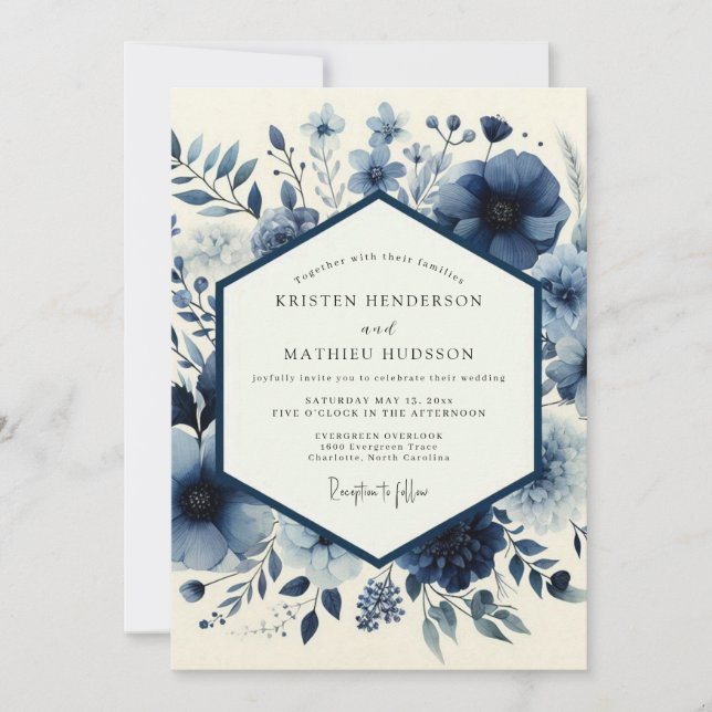Invitación Boda Caprichosa Floral Índigo (Anverso)