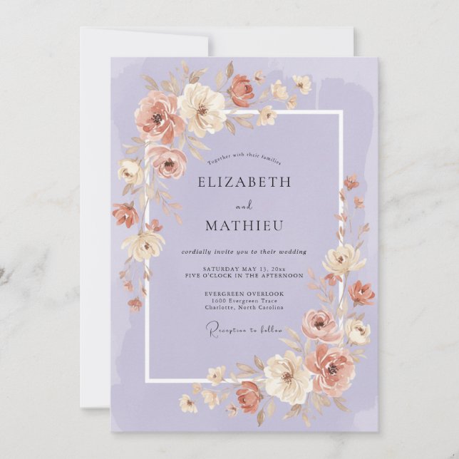 Invitación Boda caprichosa floral malva (Anverso)