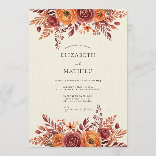 Invitación Boda Caprichosa Floral Óxido Otoñal (Anverso)