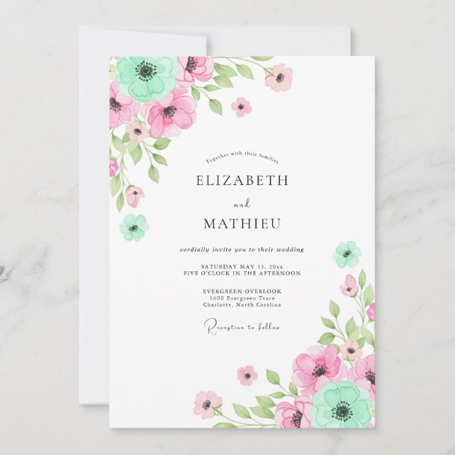 Invitación Boda caprichosa floral rosa menta (Anverso)