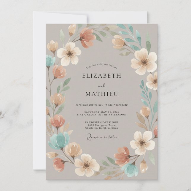 Invitación Boda caprichosa floral taupe (Anverso)