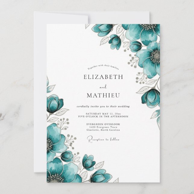 Invitación Boda caprichosa floral turquesa (Anverso)