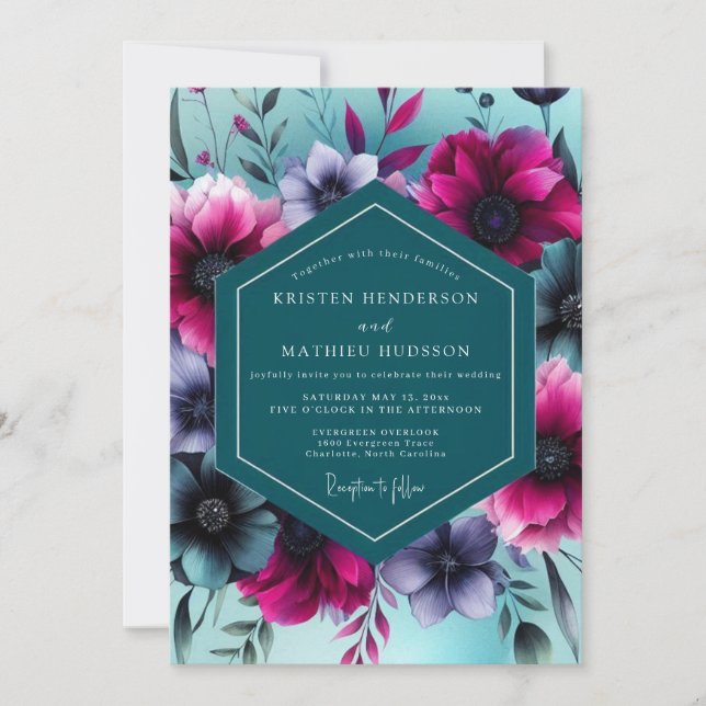 Invitación Boda caprichosa floral turquesa (Anverso)