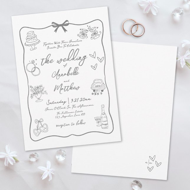 Invitación Boda Caprichosa Gris Dibujada a Mano (Hand Drawn Gray Whimsical Wedding Invitation)
