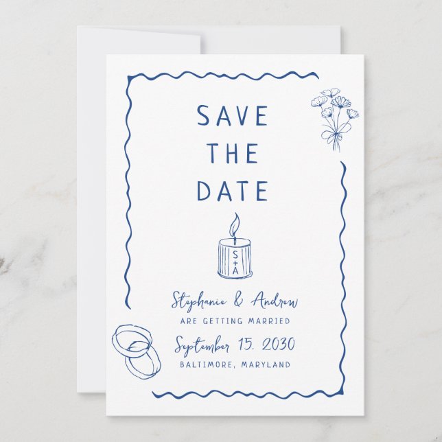 Invitación Boda caprichosa ilustrada salva la fecha (Anverso)