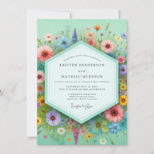 Invitación Boda Caprichosa Pradera Floral Menta (Anverso)