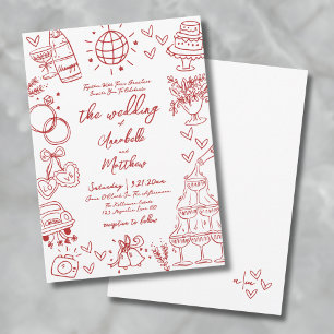 Invitación Boda Caprichosa Roja Quirky Dibujada a Mano