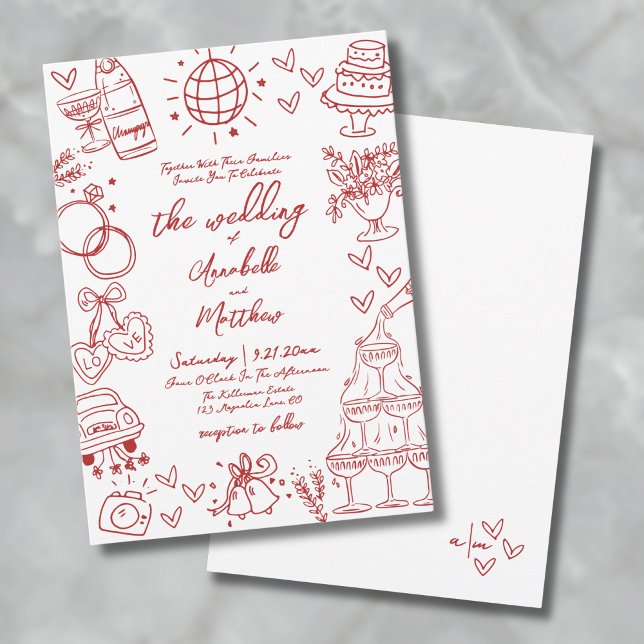 Invitación Boda Caprichosa Roja Quirky Dibujada a Mano (Hand Drawn Quirky Red Whimsical Wedding Invitation)