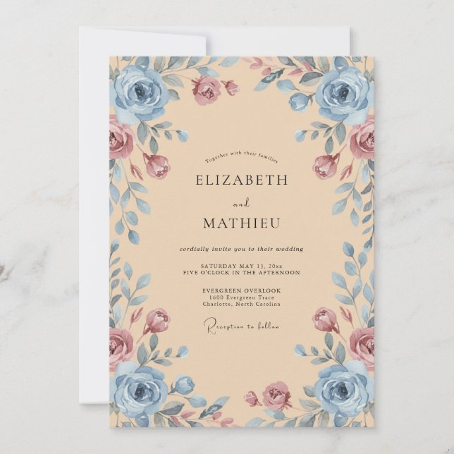 Invitación Boda Caprichosa Rosa Azul Polvoriento (Anverso)