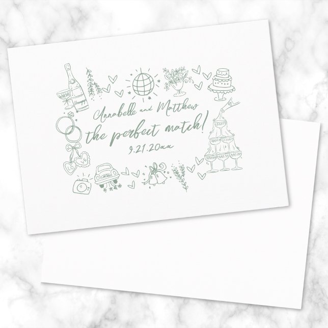 Invitación Boda Caprichosa Verde Combinación Perfecta Dibujad (Hand Drawn Perfect Match Green Whimsical Wedding Invitation)