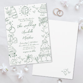 Invitación Boda Caprichosa Verde Dibujada a Mano