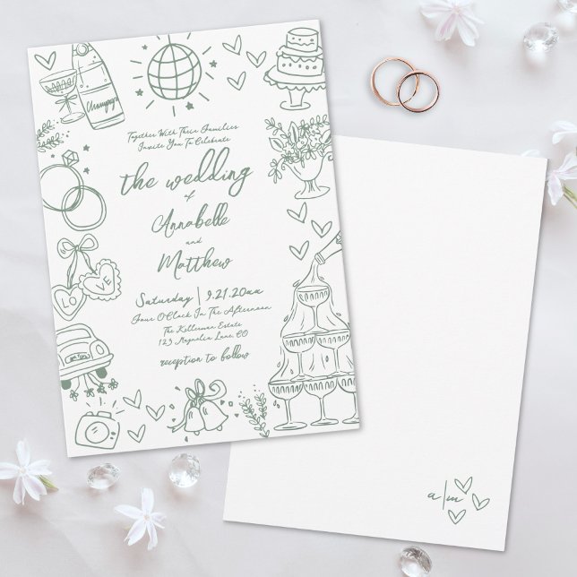 Invitación Boda Caprichosa Verde Dibujada a Mano (Hand Drawn Green Whimsical Wedding Invitation)
