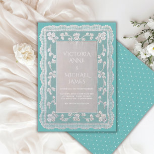 Invitación Boda caprichosa vintage con encaje azul verdoso 