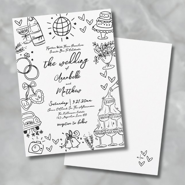Invitación Boda Caprichosa y Caprichosa Dibujada a Mano (Hand Drawn Quirky Whimsical Wedding Invitation)