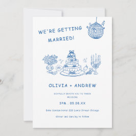 Invitación Boda caprichosa y divertida con dibujos a mano azu