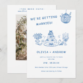 Invitación Boda caprichosa y divertida con dibujos a mano azu