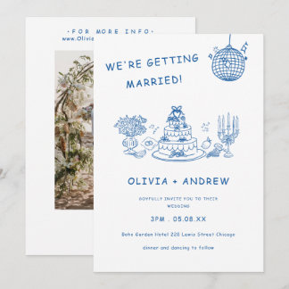 Invitación Boda caprichosa y divertida con dibujos a mano azu