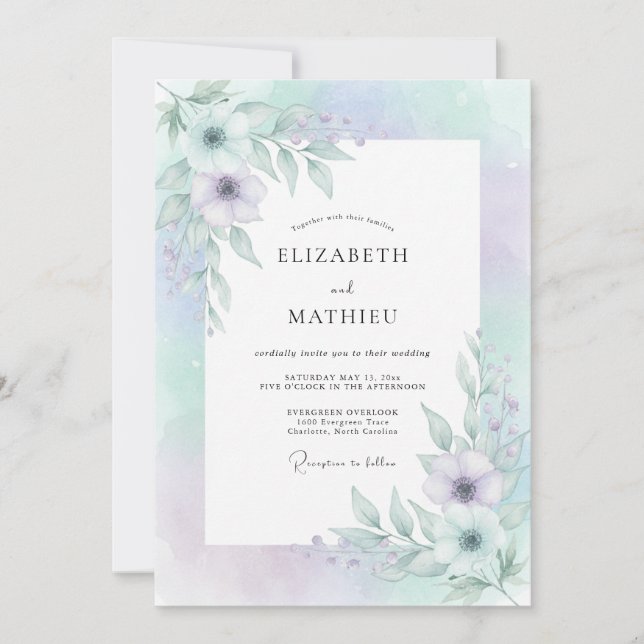 Invitación Boda caprichosa y soñadora de lavanda y menta (Anverso)