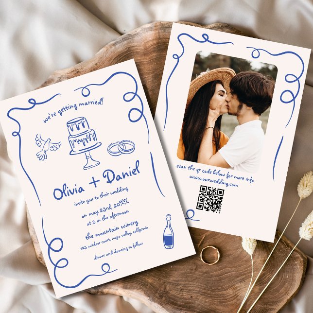 Invitación Boda caprichoso azul del código QR dibujado a mano (Subido por el creador)