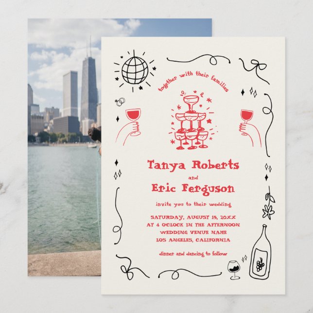 Invitación Boda caprichoso de cóctel de mano con champagne (Anverso / Reverso)