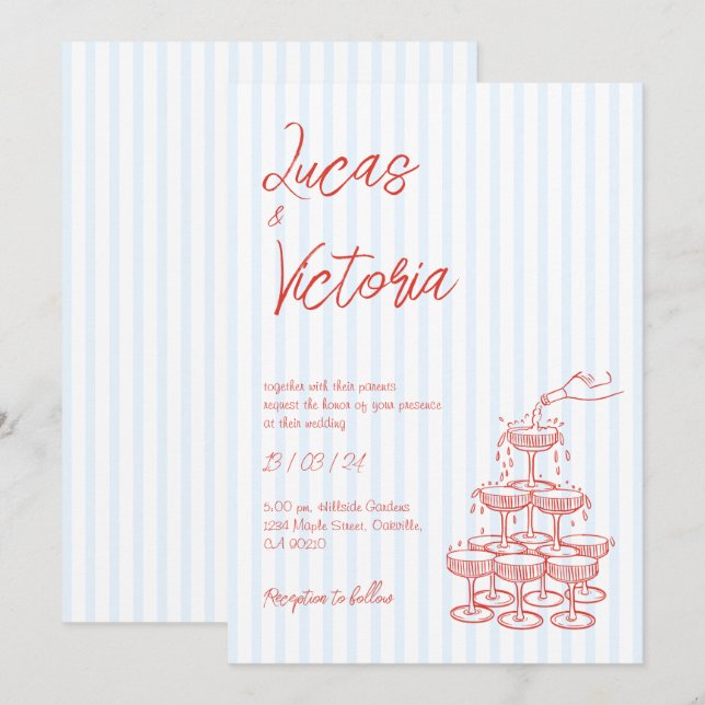 Invitación Boda caprichoso de rayas rojas de mano (Anverso / Reverso)