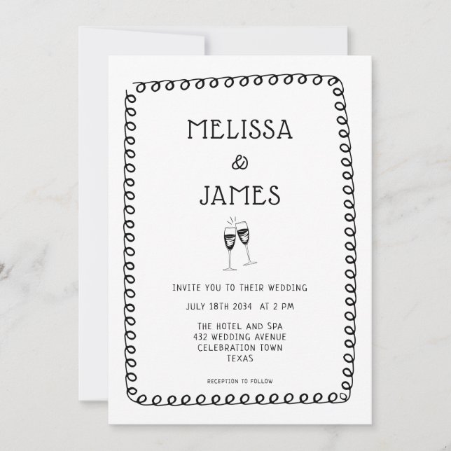 Invitación Boda caprichoso del doodle de champán de mano (Anverso)