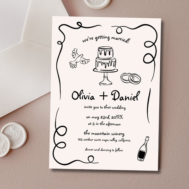 Invitación Boda caprichoso francés negro de mano dibujado (Subido por el creador)