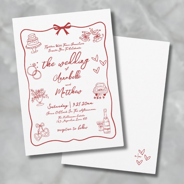 Invitación Boda caprichoso rojo (Hand Drawn Red Whimsical Wedding Invitation)