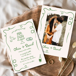Invitación Boda caprichoso verde de foto de época dibujado a 