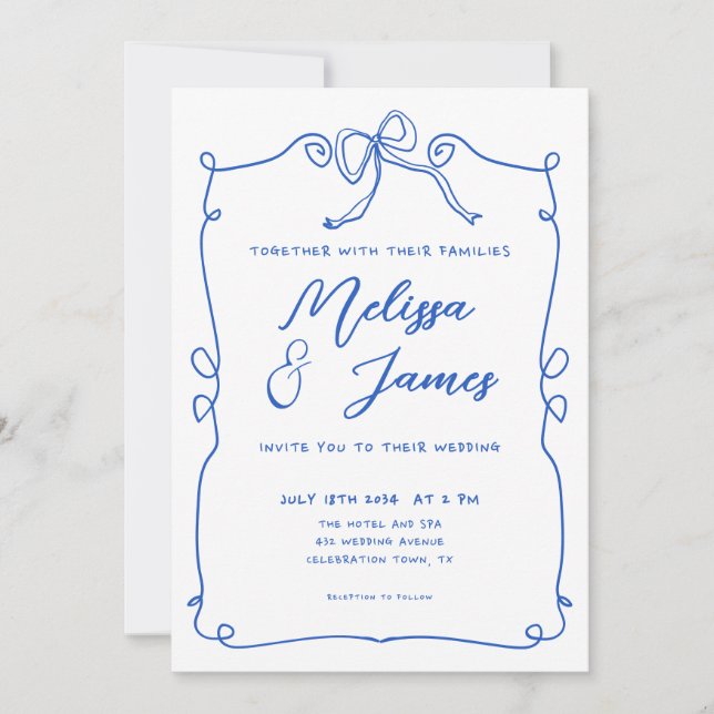 Invitación Boda caprichoso y caprichoso de mano azul (Anverso)
