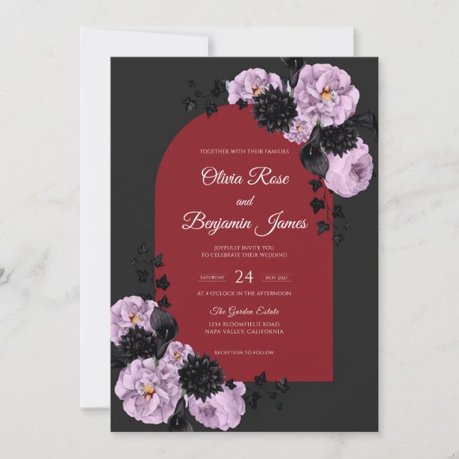 Invitación Boda Carbón Orquídea Carmesí (Anverso)