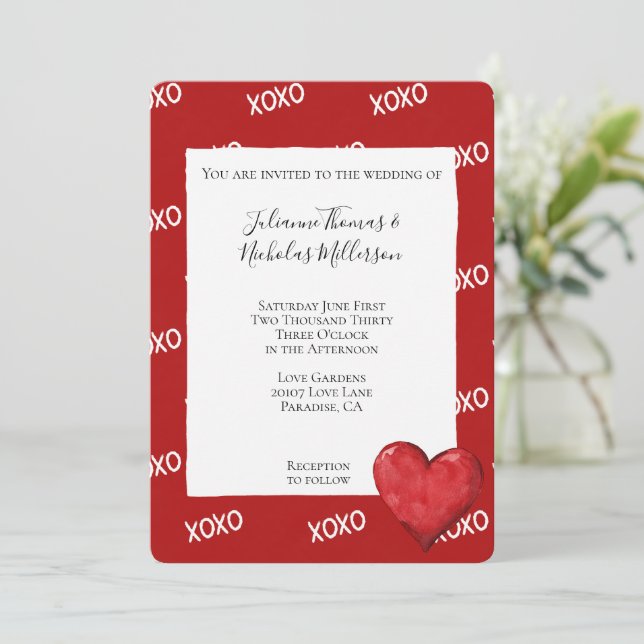 Invitación Boda Cardíaco XOXO Rojo (Anverso de pie)